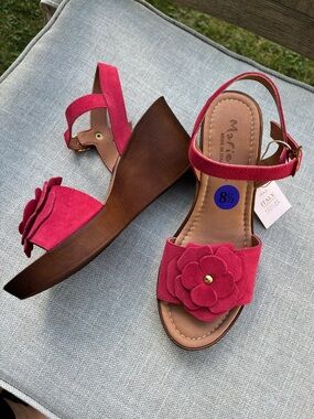 Mariella coral red suede leather strap wedge heels 8.5